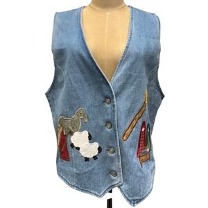 "Love and Lace" Denim Vest Womens L Appliqued Nativity Scene Vest Jesus‎ Vintage
